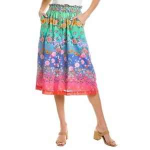 Johnny Was Floral Ombre Cotton Midi Skirt Rainbow Field Paperbag Waist Boho XXL